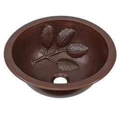 SINKOLOGY Newton 14 in. Undemrount or Drop-In Solid Copper Bathroom Sink with Leaf Design in Aged Copper