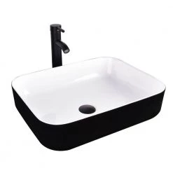 Puluomis Black Ceramic Rectangular Vessel Sink with Black Faucet