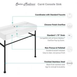 Swiss Madison Carre 36 in. Ceramic Console Sink White Basin Black Legs -Bathroom Sinks Sales black swiss madison console sinks sm cs733 77 1000