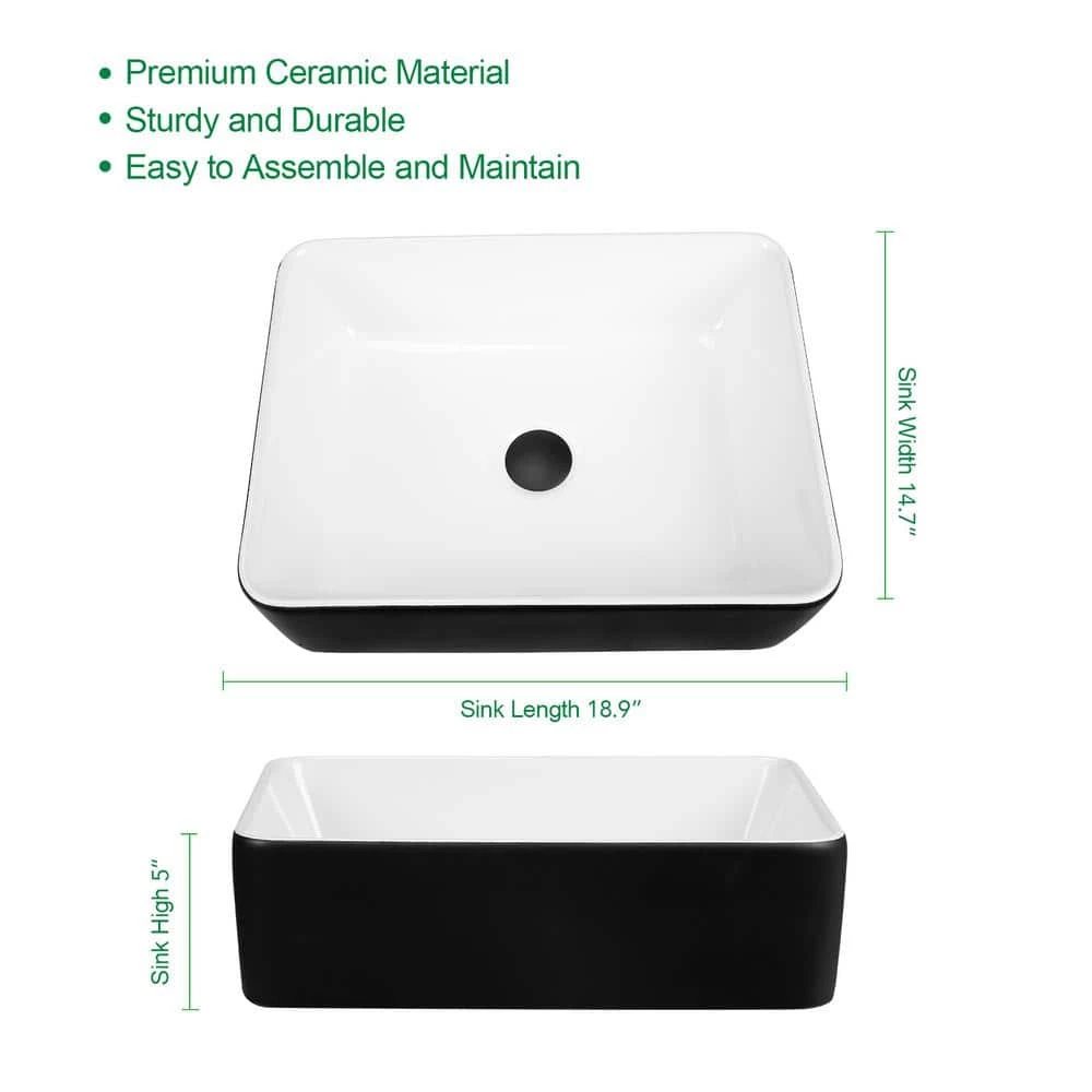 TOOLKISS 18.9 in. Ceramic Rectangular Vessel Sink in Black with Faucet 7 TOOLKISS 18.9 in. Ceramic Rectangular Vessel Sink in Black with Faucet - Image 5