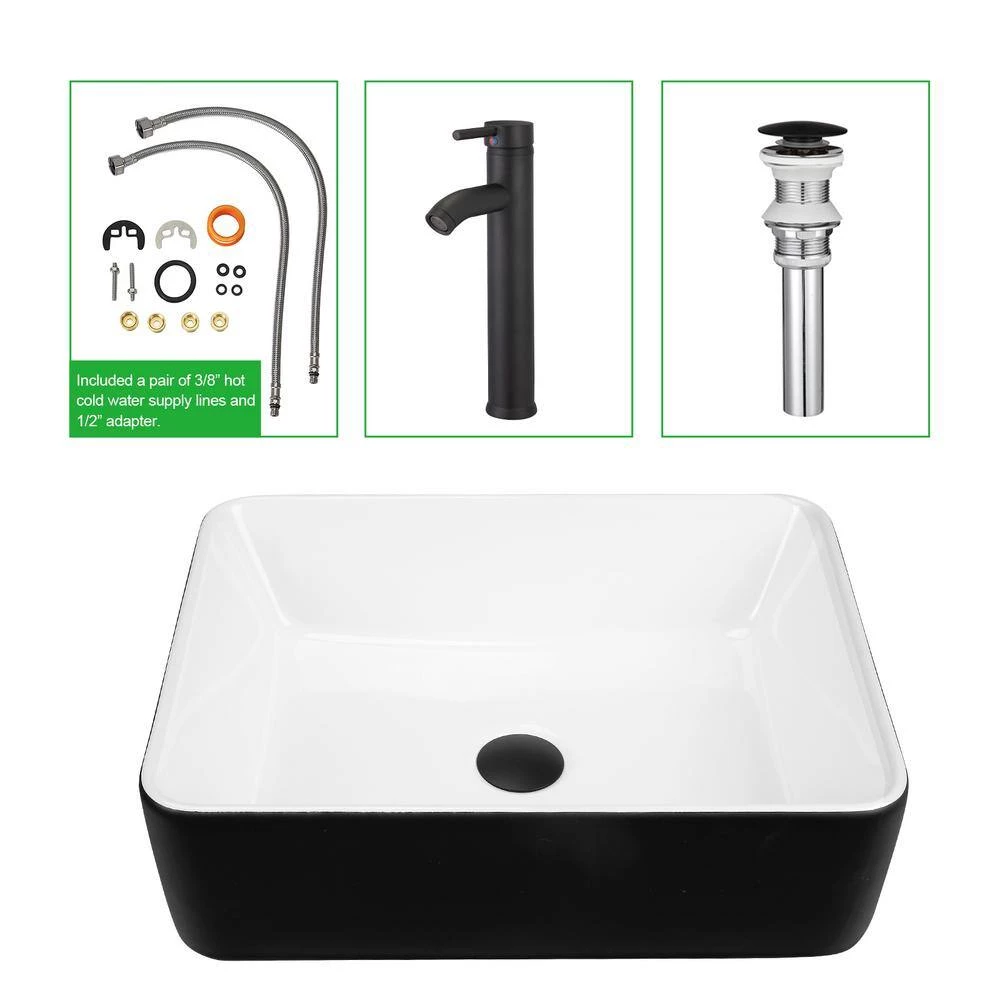 TOOLKISS 18.9 in. Ceramic Rectangular Vessel Sink in Black with Faucet 8 TOOLKISS 18.9 in. Ceramic Rectangular Vessel Sink in Black with Faucet - Image 6