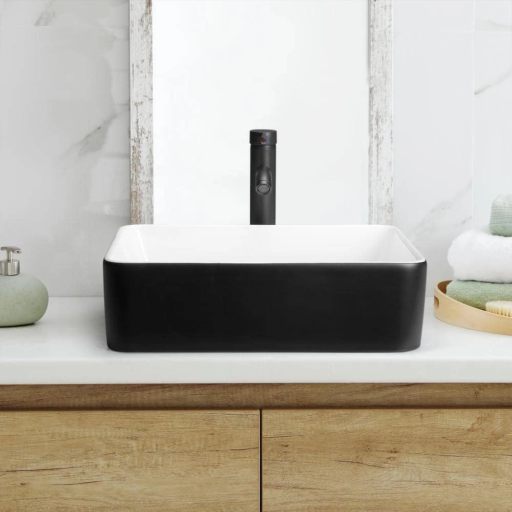 TOOLKISS 18.9 in. Ceramic Rectangular Vessel Sink in Black with Faucet 6 TOOLKISS 18.9 in. Ceramic Rectangular Vessel Sink in Black with Faucet - Image 4