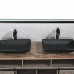 Tunuo Glass Rectangular Vessel Bathroom Sink in Black Set with Black Faucet and Pop-Up Drain in Black -Bathroom Sinks Sales black vessel sinks sf 2mb08 76 1000