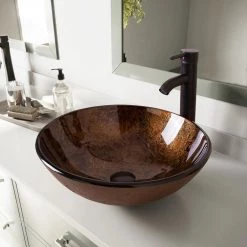 Flynama Solid Tempered Glass Round Bathroom Vessel Sink in Brown with Oil Rubbed Bronze Faucet and Chrome Pop-Up Drain -Bathroom Sinks Sales brown flynama vessel sinks usbr1001 1f 1000