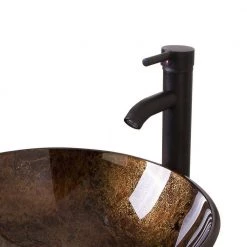 Flynama Solid Tempered Glass Round Bathroom Vessel Sink in Brown with Oil Rubbed Bronze Faucet and Chrome Pop-Up Drain -Bathroom Sinks Sales brown flynama vessel sinks usbr1001 fa 1000
