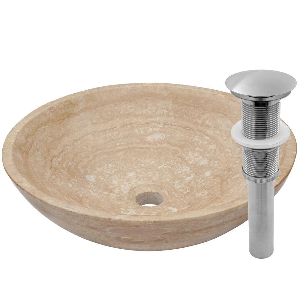 Novatto Stone Vessel Sink in Beige Travertine with Umbrella Drain in Brushed Nickel 3 Novatto Stone Vessel Sink in Beige Travertine with Umbrella Drain in Brushed Nickel