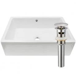 Novatto Rectangular Porcelain Vessel Sink in White with Overflow Drain in Brushed Nickel
