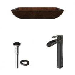 VIGO Glass Rectangular Vessel Bathroom Sink in Chocolate Brown with Niko Faucet and Pop-Up Drain in Antique Rubbed Bronze -Bathroom Sinks Sales chocolate vigo vessel sinks vgt1055 a0 1000