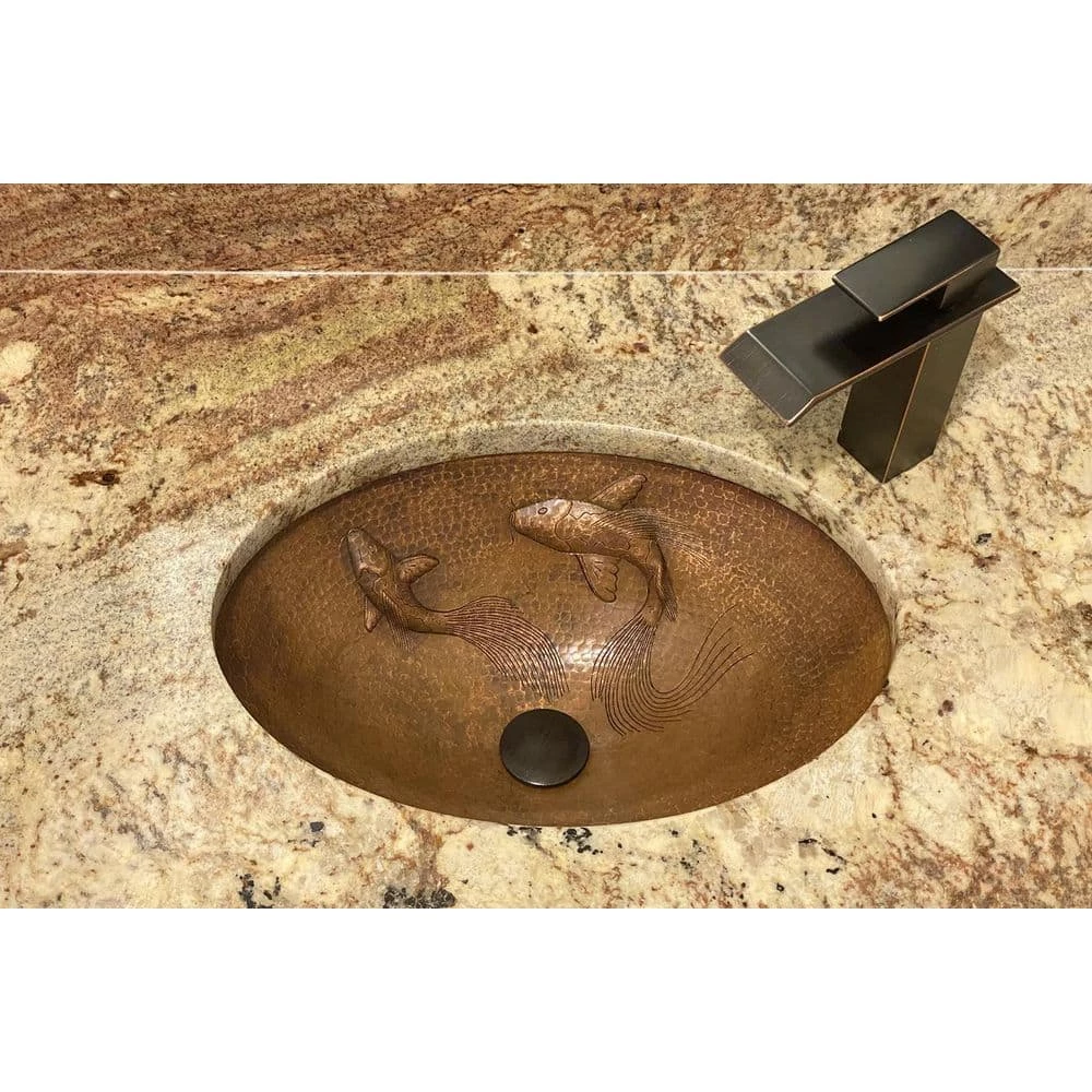 Premier Copper Products 19 in. Oval Under Counter Hammered Copper Bathroom Sink with Koi Fish Design in Copper 10 Premier Copper Products 19 in. Oval Under Counter Hammered Copper Bathroom Sink with Koi Fish Design in Copper - Image 8