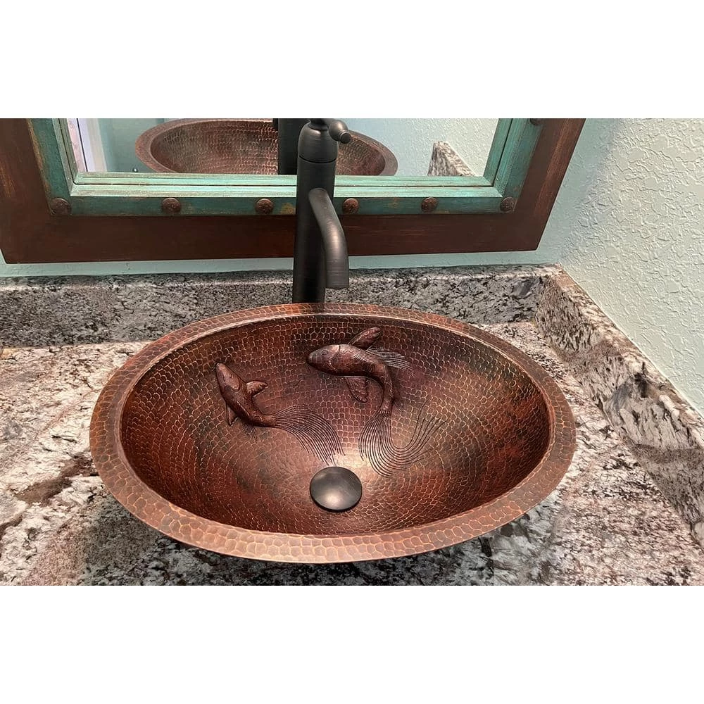 Premier Copper Products 19 in. Oval Under Counter Hammered Copper Bathroom Sink with Koi Fish Design in Copper 3 Premier Copper Products 19 in. Oval Under Counter Hammered Copper Bathroom Sink with Koi Fish Design in Copper