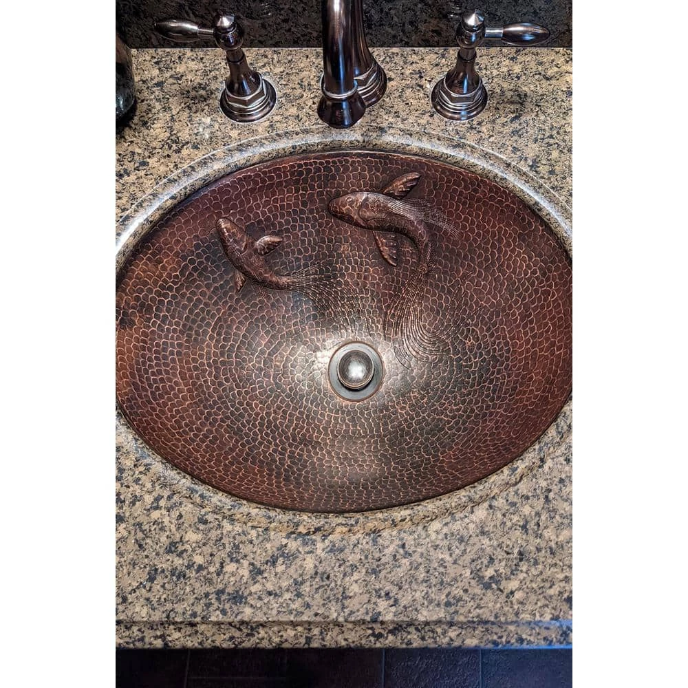 Premier Copper Products 19 in. Oval Under Counter Hammered Copper Bathroom Sink with Koi Fish Design in Copper 4 Premier Copper Products 19 in. Oval Under Counter Hammered Copper Bathroom Sink with Koi Fish Design in Copper - Image 2