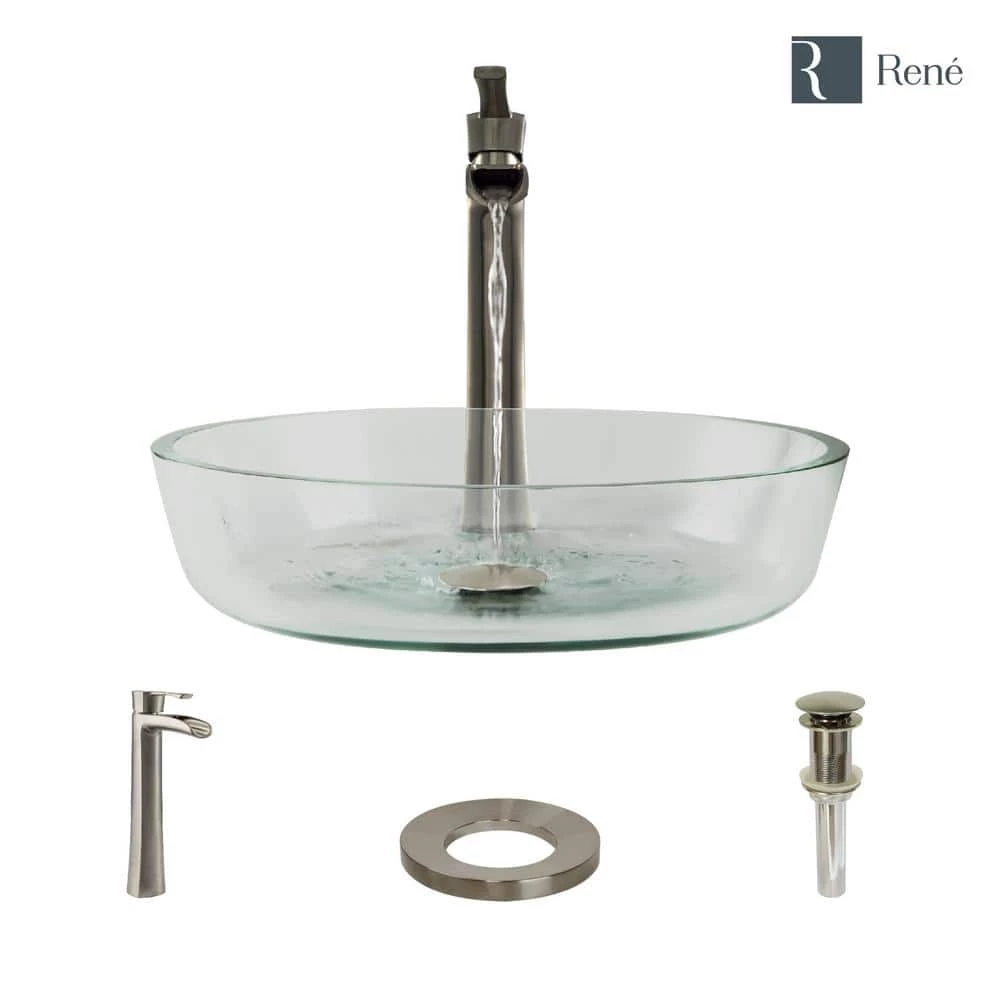Rene Glass Vessel Sink in Crystal with R9-7007 Faucet and Pop-Up Drain in Brushed Nickel 5 Rene Glass Vessel Sink in Crystal with R9-7007 Faucet and Pop-Up Drain in Brushed Nickel - Image 3