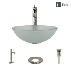 Rene Glass Vessel Sink in Frosted with R9-7001 Faucet and Pop-Up Drain in Brushed Nickel -Bathroom Sinks Sales frosted rene vessel sinks r5 5002 r9 7001 bn 40 1000