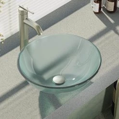 Rene Glass Vessel Sink in Frosted with R9-7001 Faucet and Pop-Up Drain in Brushed Nickel