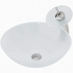 VIGO Glass Round Vessel Bathroom Sink in Frosted White with Waterfall Faucet and Pop-Up Drain in Brushed Nickel -Bathroom Sinks Sales frosted vigo vessel sinks vgt036bnrnd 40 1000
