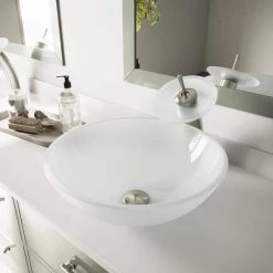 VIGO Glass Round Vessel Bathroom Sink in Frosted White with Waterfall Faucet and Pop-Up Drain in Brushed Nickel