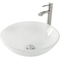 VIGO Glass Round Vessel Bathroom Sink in Frosted White with Milo Faucet and Pop-Up Drain in Brushed Nickel -Bathroom Sinks Sales frosted vigo vessel sinks vgt1051 40 1000