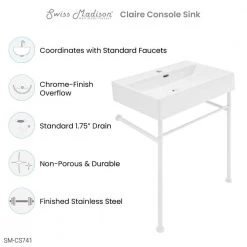 Swiss Madison Claire 24 in. Ceramic Console Sink Basin and Legs Combo in Glossy White Basin with Matte White Legs -Bathroom Sinks Sales glossy white swiss madison console sinks sm cs741 76 1000