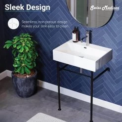 Swiss Madison Claire 24 in. Console Sink White Basin Black Legs -Bathroom Sinks Sales glossy white swiss madison console sinks sm cs771 76 1000