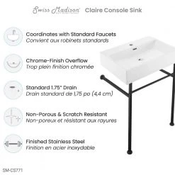 Swiss Madison Claire 24 in. Console Sink White Basin Black Legs -Bathroom Sinks Sales glossy white swiss madison console sinks sm cs771 77 1000