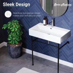 Swiss Madison Claire 30 in. Console Sink White Basin Black Legs -Bathroom Sinks Sales glossy white swiss madison console sinks sm cs772 76 1000
