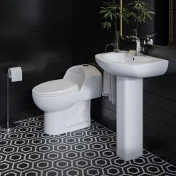 Swiss Madison Chateau Pedestal Bathroom Sink Round Single Faucet Hole in White -Bathroom Sinks Sales glossy white swiss madison pedestal sinks sm ps305 31 1000