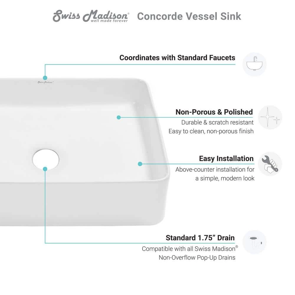Swiss Madison Concorde 19 in. Rectangle Ceramic Vessel Sink in White 9 Swiss Madison Concorde 19 in. Rectangle Ceramic Vessel Sink in White - Image 7