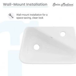 Swiss Madison Plaisir 18 in. x 11 in. Ceramic Wall Hung Vessel Sink with Right Side Faucet Mount in White -Bathroom Sinks Sales glossy white swiss madison wall mount sinks sm ws312 1d 1000