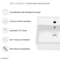 Swiss Madison Claire Compact Ceramic Wall Hung Sink in White -Bathroom Sinks Sales glossy white swiss madison wall mount sinks sm ws319 44 1000