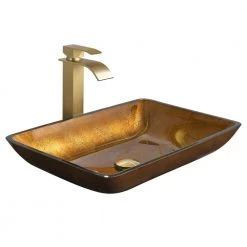 WELLFOR Gold Glass Rectangular Vessel Sink with Single Hole Faucet and Pop-Up Drain