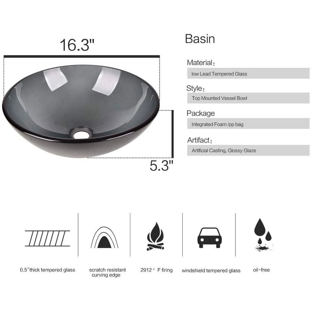 Puluomis Gray Glass Round Vessel Sink with Faucet Pop Up Drain Set 6 Puluomis Gray Glass Round Vessel Sink with Faucet Pop Up Drain Set - Image 4