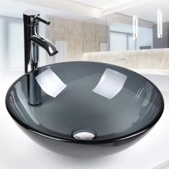 Puluomis Gray Glass Round Vessel Sink with Faucet Pop Up Drain Set 17 Puluomis Gray Glass Round Vessel Sink with Faucet Pop Up Drain Set -Bathroom Sinks Sales gray puluomis vessel sinks usbg003 31 1000