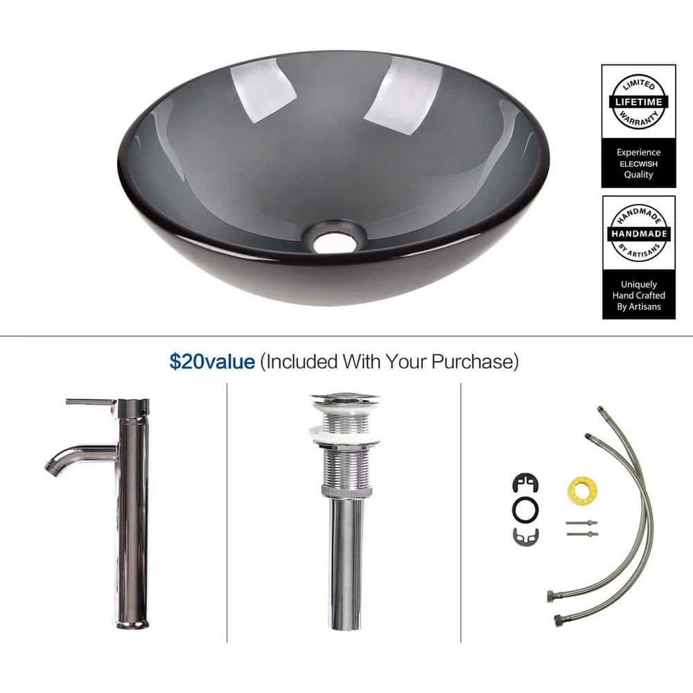 Puluomis Gray Glass Round Vessel Sink with Faucet Pop Up Drain Set 7 Puluomis Gray Glass Round Vessel Sink with Faucet Pop Up Drain Set - Image 5
