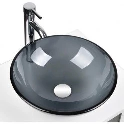 Puluomis Gray Glass Round Vessel Sink with Faucet Pop Up Drain Set 12 Puluomis Gray Glass Round Vessel Sink with Faucet Pop Up Drain Set -Bathroom Sinks Sales gray puluomis vessel sinks usbg003 4f 1000