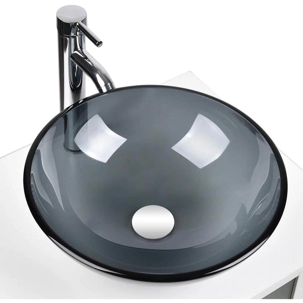 Puluomis Gray Glass Round Vessel Sink with Faucet Pop Up Drain Set 5 Puluomis Gray Glass Round Vessel Sink with Faucet Pop Up Drain Set - Image 3