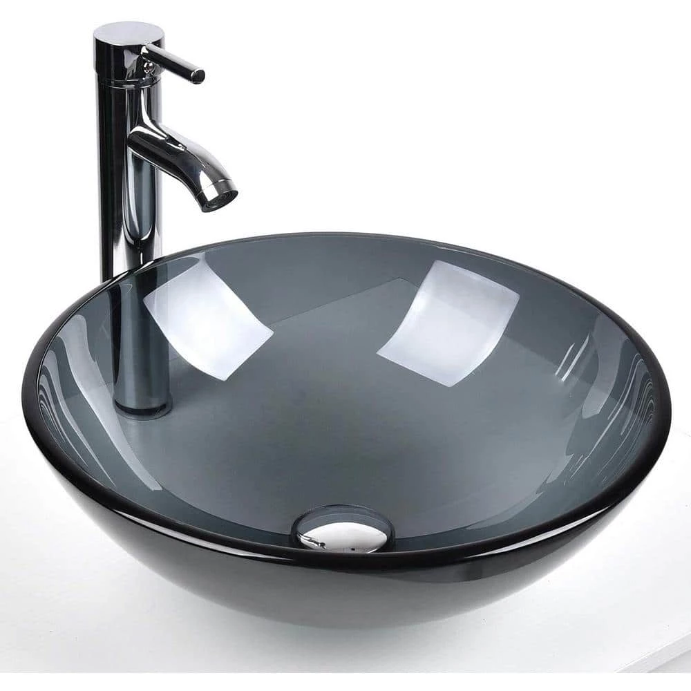 Puluomis Gray Glass Round Vessel Sink with Faucet Pop Up Drain Set 3 Puluomis Gray Glass Round Vessel Sink with Faucet Pop Up Drain Set