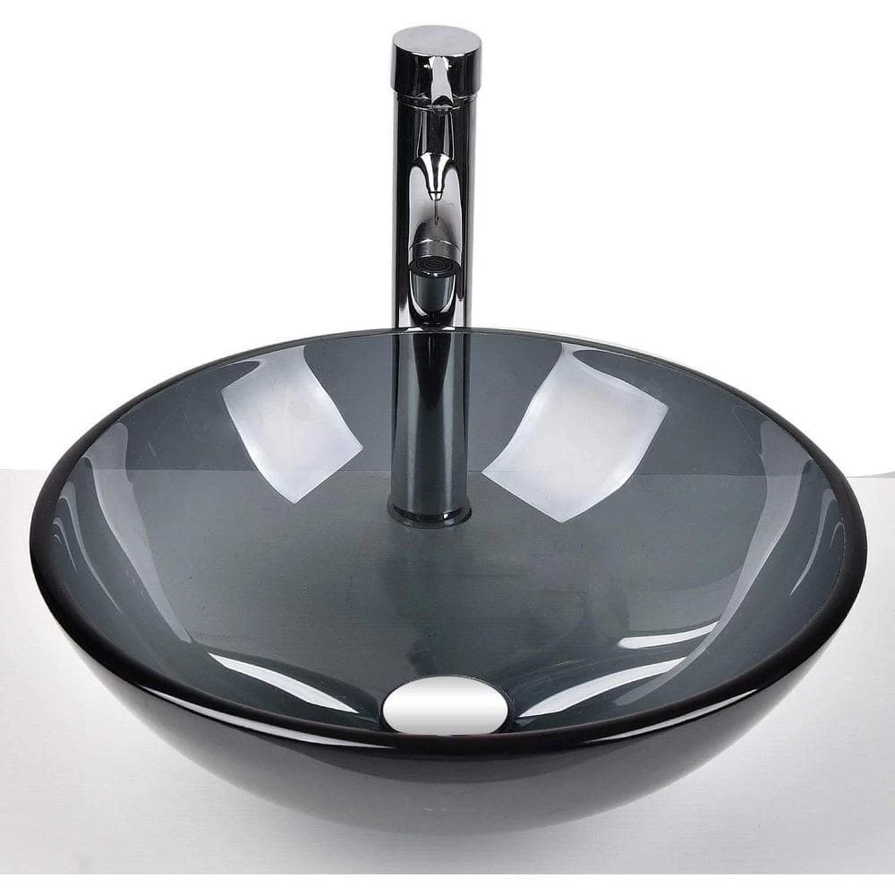 Puluomis Gray Glass Round Vessel Sink with Faucet Pop Up Drain Set 4 Puluomis Gray Glass Round Vessel Sink with Faucet Pop Up Drain Set - Image 2