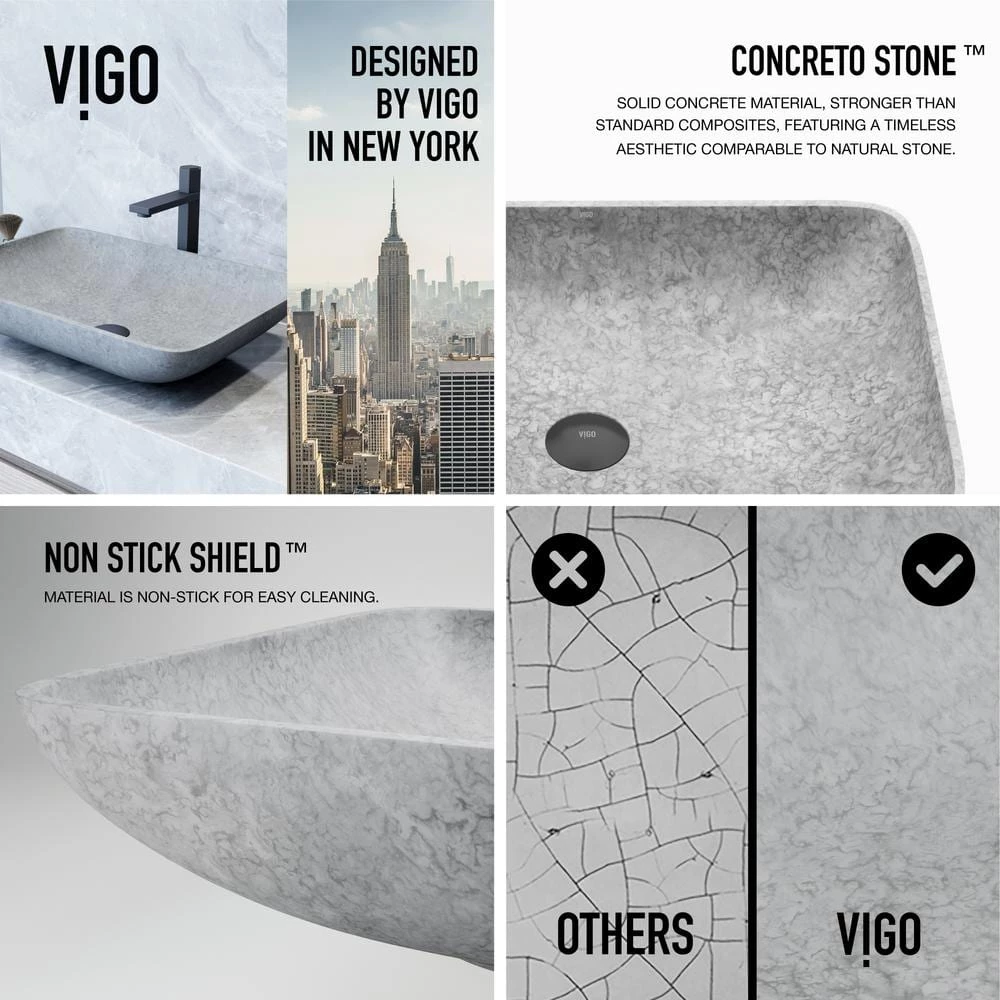VIGO Concreto Stone 22 in. Concrete Rectangular Vessel Bathroom Sink in Gray 7 VIGO Concreto Stone 22 in. Concrete Rectangular Vessel Bathroom Sink in Gray - Image 5