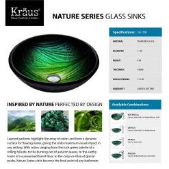 KRAUS Nei Glass Vessel Sink in Green with Waterfall Faucet in Satin Nickel -Bathroom Sinks Sales green kraus vessel sinks c gv 391 19mm 10sn 4f 1000