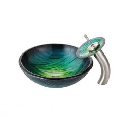 KRAUS Nei Glass Vessel Sink in Green with Waterfall Faucet in Satin Nickel