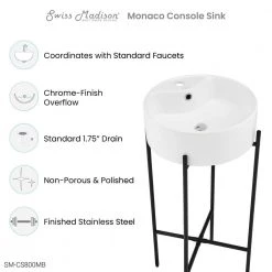 Swiss Madison Monaco Ceramic Matte Black Console Sink Basin and Leg Combo -Bathroom Sinks Sales matte black swiss madison console sinks sm cs800mb c3 1000
