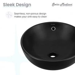 Swiss Madison Sublime 17 in. Matte Black Ceramic Round Vessel Sink -Bathroom Sinks Sales matte black swiss madison vessel sinks sm vs212mb 1f 1000