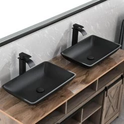 TOOLKISS Glass Rectangular Vessel Sink in Matte Black with Faucet and Pop-Up Drain -Bathroom Sinks Sales matte black toolkiss vessel sinks ad sink mb08 c3 1000
