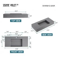 SERENE VALLEY 32 in. Wall-Mount or Countertop Bathroom with Classic Square Bowl Solid Surface in Matte Gray -Bathroom Sinks Sales matte gray wall mount sinks svws612 32gr c3 1000