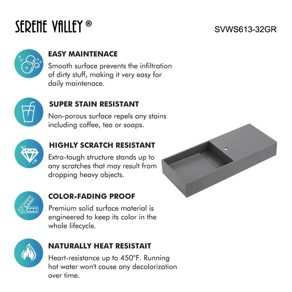 SERENE VALLEY 32 in. Wall-Mount or Countertop Bathroom Hidden Drain with Side Faucet Hole in Matte Gray 6 SERENE VALLEY 32 in. Wall-Mount or Countertop Bathroom Hidden Drain with Side Faucet Hole in Matte Gray - Image 4