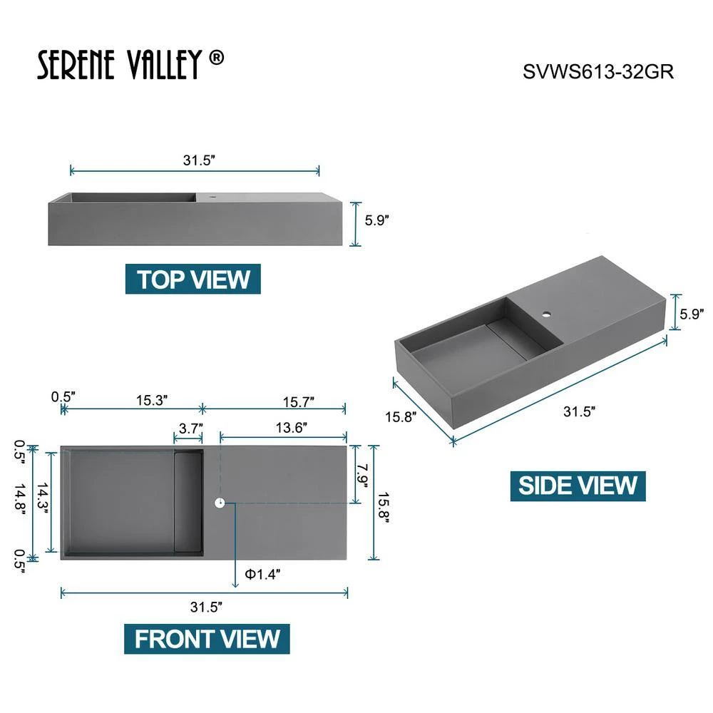 SERENE VALLEY 32 in. Wall-Mount or Countertop Bathroom Hidden Drain with Side Faucet Hole in Matte Gray 5 SERENE VALLEY 32 in. Wall-Mount or Countertop Bathroom Hidden Drain with Side Faucet Hole in Matte Gray - Image 3