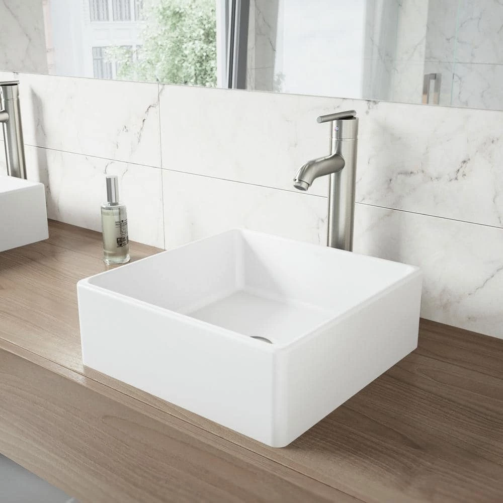 VIGO Matte Stone Dianthus Composite Square Vessel Bathroom Sink in White 4 VIGO Matte Stone Dianthus Composite Square Vessel Bathroom Sink in White - Image 2