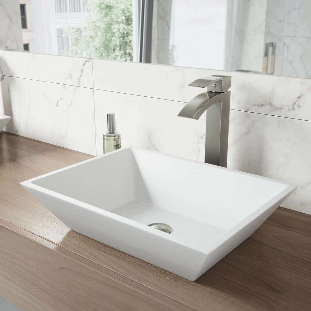 VIGO Matte Stone Vinca Composite Rectangular Vessel Bathroom Sink in White 4 VIGO Matte Stone Vinca Composite Rectangular Vessel Bathroom Sink in White - Image 2