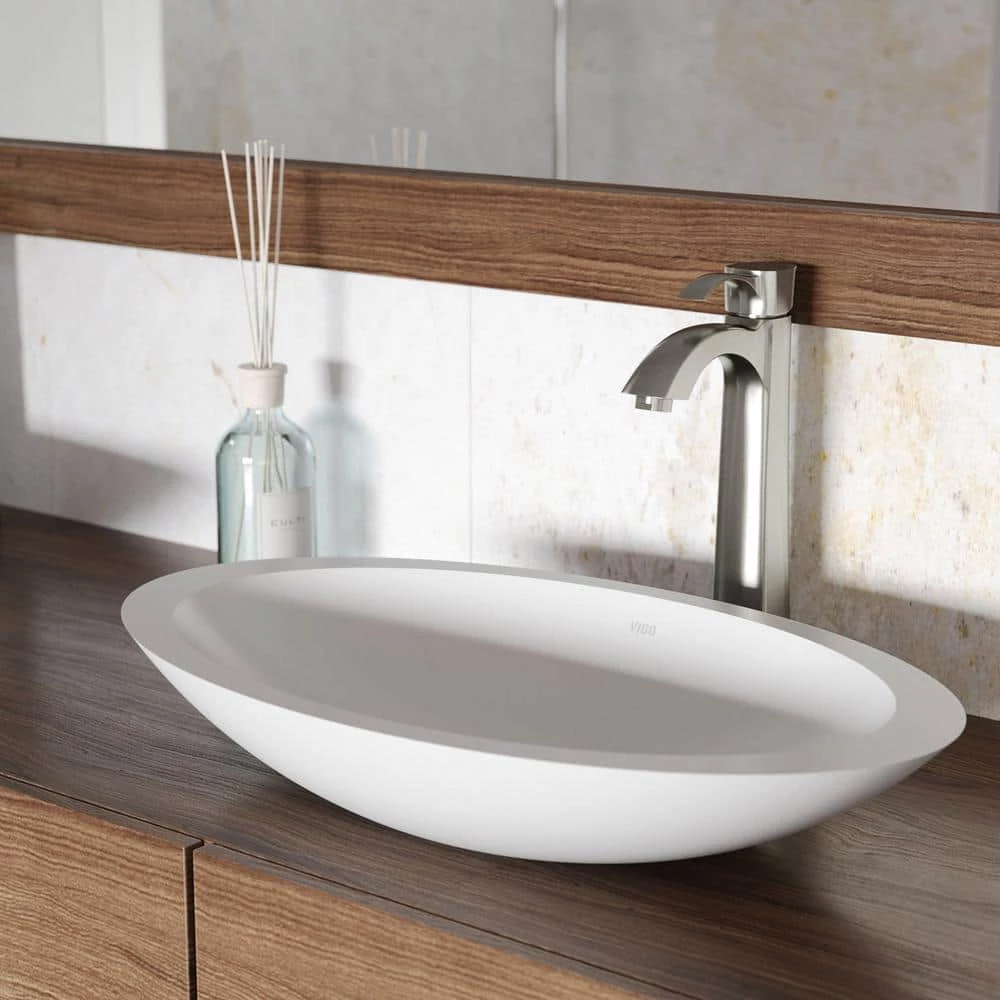 VIGO Matte Stone Wisteria Composite Oval Vessel Bathroom Sink in White 4 VIGO Matte Stone Wisteria Composite Oval Vessel Bathroom Sink in White - Image 2