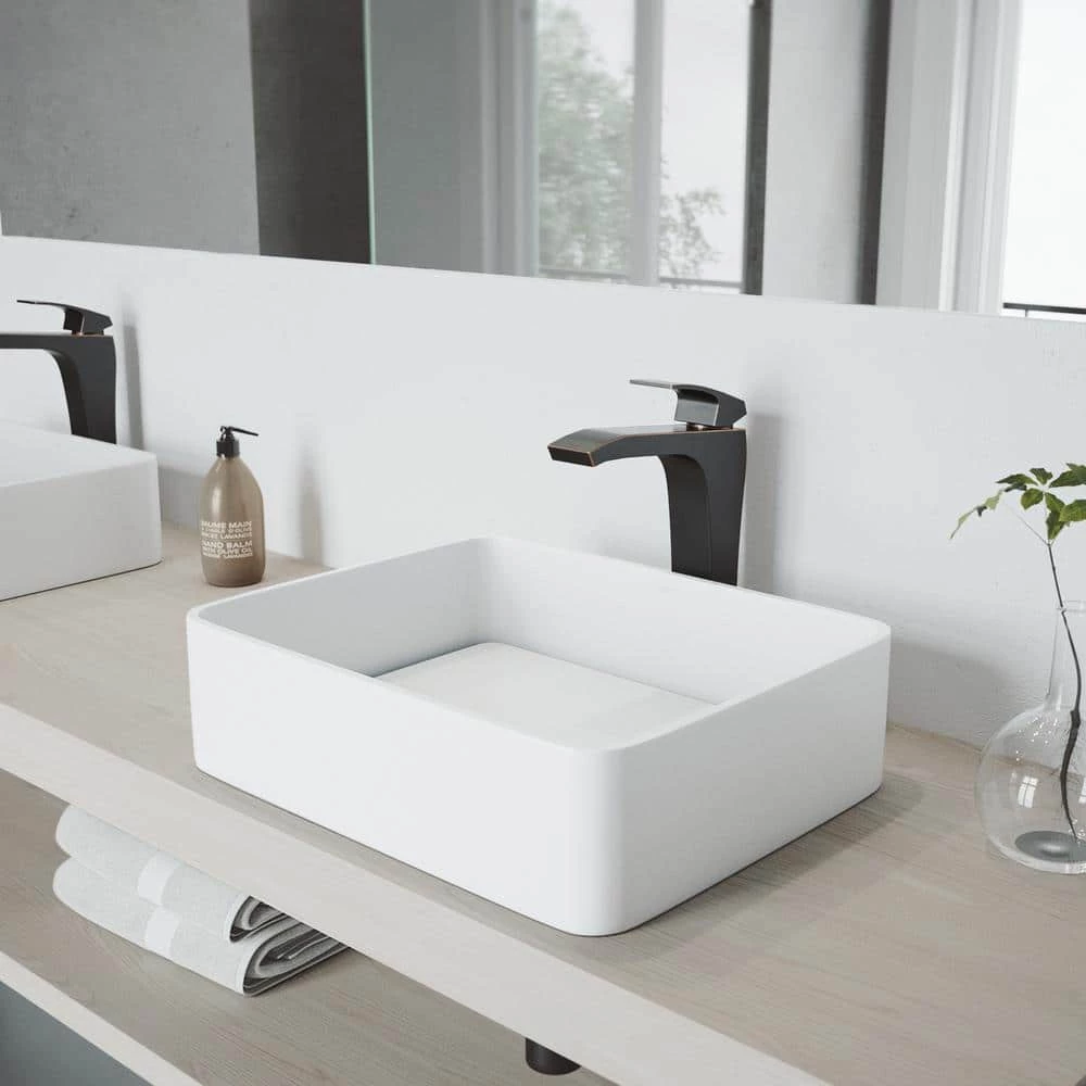 VIGO Matte Stone Jasmine Composite Rectangular Vessel Bathroom Sink in White 4 VIGO Matte Stone Jasmine Composite Rectangular Vessel Bathroom Sink in White - Image 2
